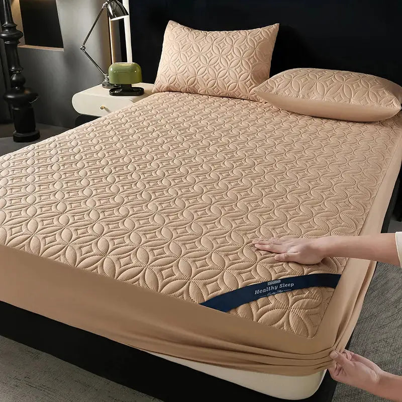 Beige quilted mattress protector with 30cm deep pocket; waterproof, antibacterial, breathable, Healthy Sleep.