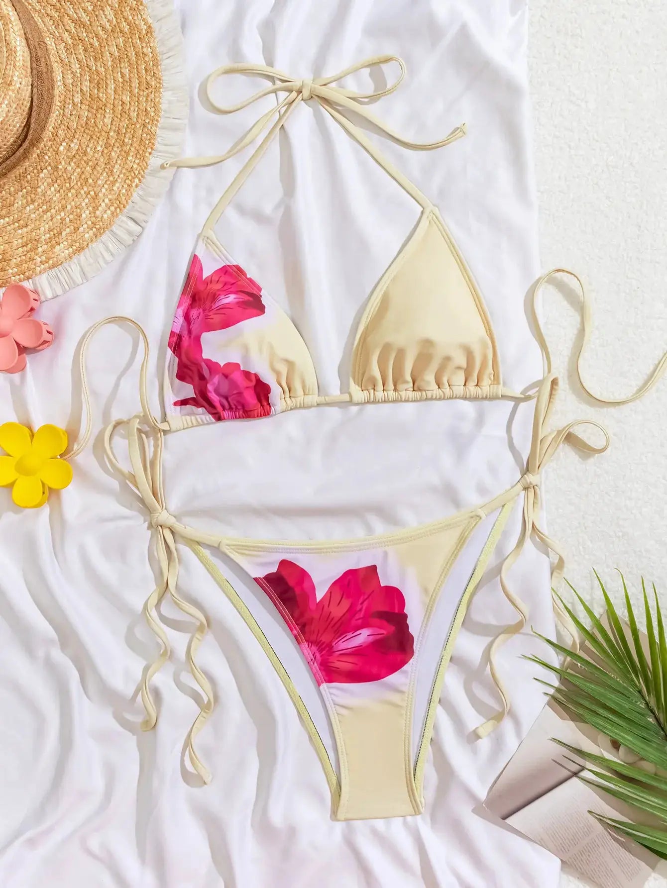 Simples Market bikini set; beige and pink floral two-piece with triangle top and adjustable tie-side strings.