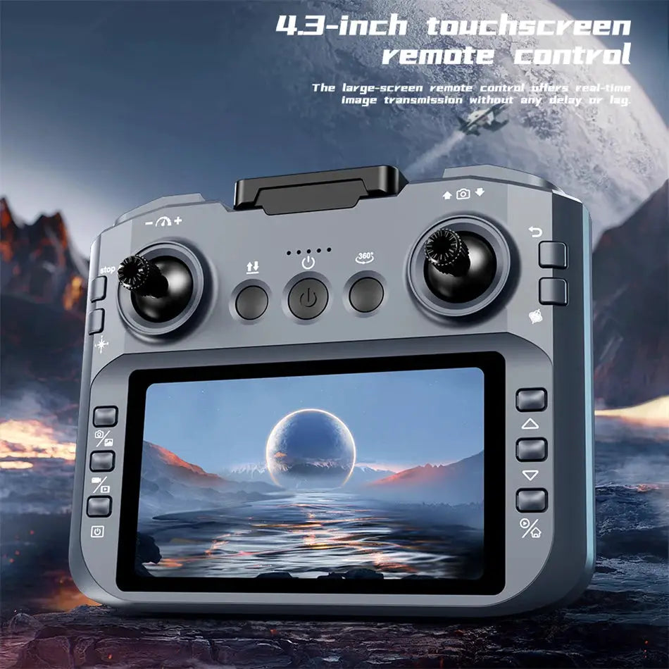 drone remote controller with 4.3-inch touchscreen, gray body and dual joysticks