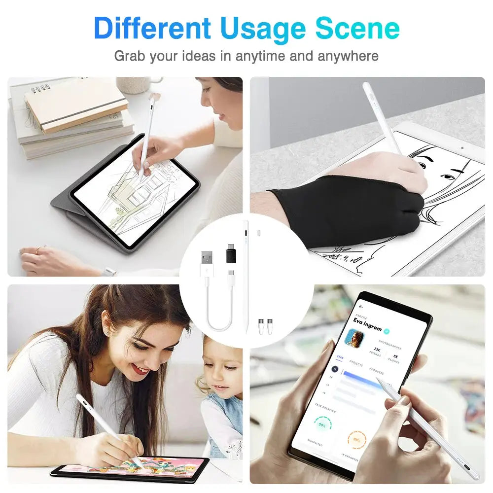 Universal white stylus pen for Android and iOS capacitive screens with USB charging cable and spare tips