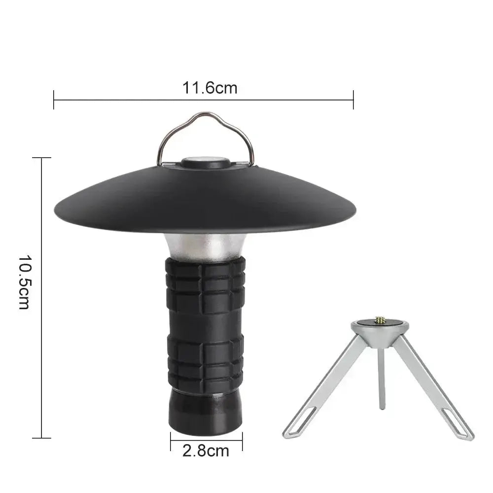 Portable camping lantern with black mushroom-cap shade, textured grip, and included tripod bracket
