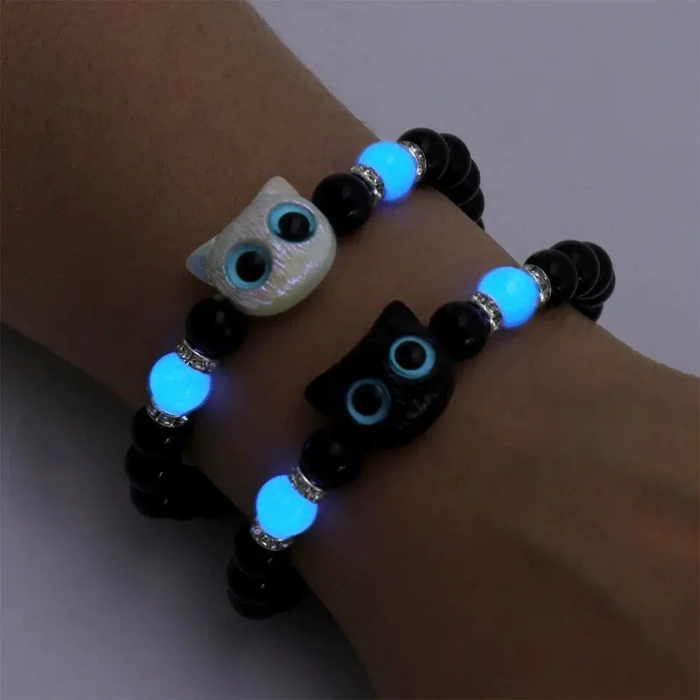 Luminous Cat Head Bead Strand Bracelet for Couples Black White Cat Design Matching Friendship Jewelry for Men and Women