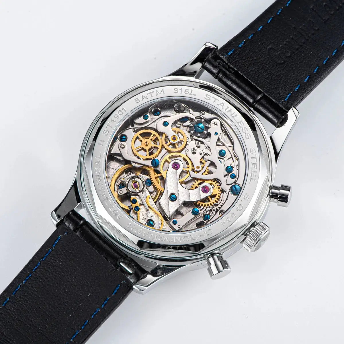 Sugess 1963 Pilot Watch skeleton mechanical movement, stainless steel case, blue screws, black leather strap