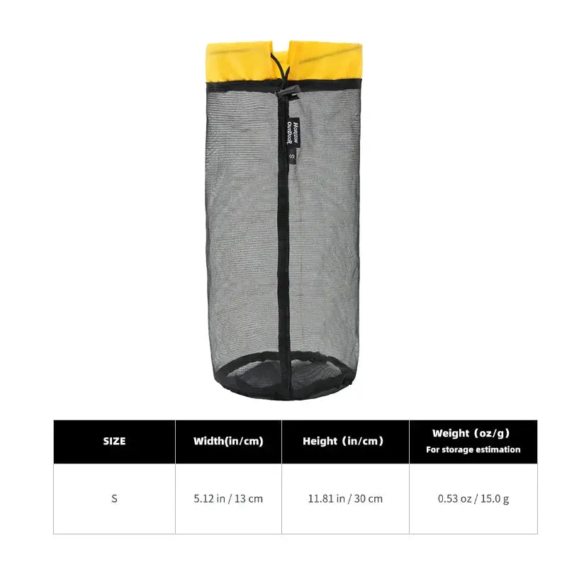 HODR mesh stuff sack by Simples Market, gray mesh with yellow top and drawstring closure.