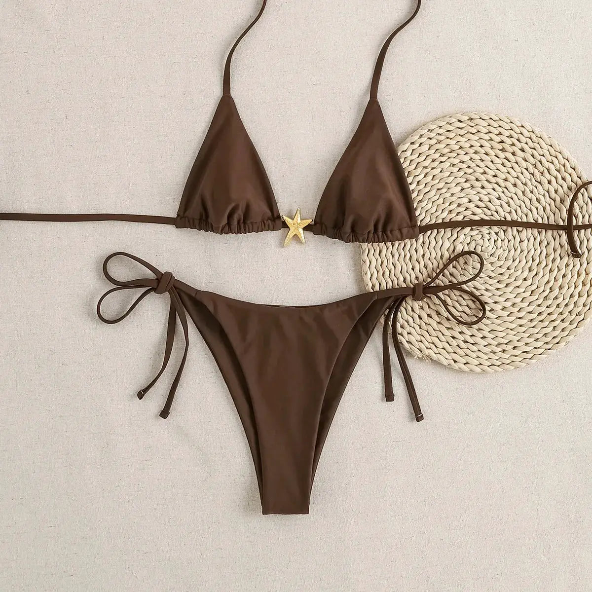 Bikini set brown triangle top with adjustable tie-side bottom, Simples Market two-piece swimsuit for women.
