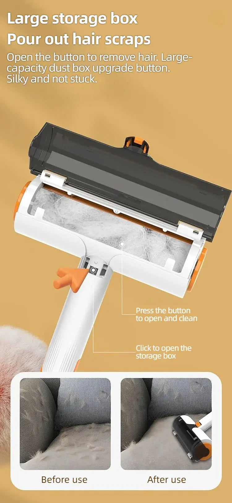 Simples Market pet hair remover roller, white with orange accents, handheld with large storage box