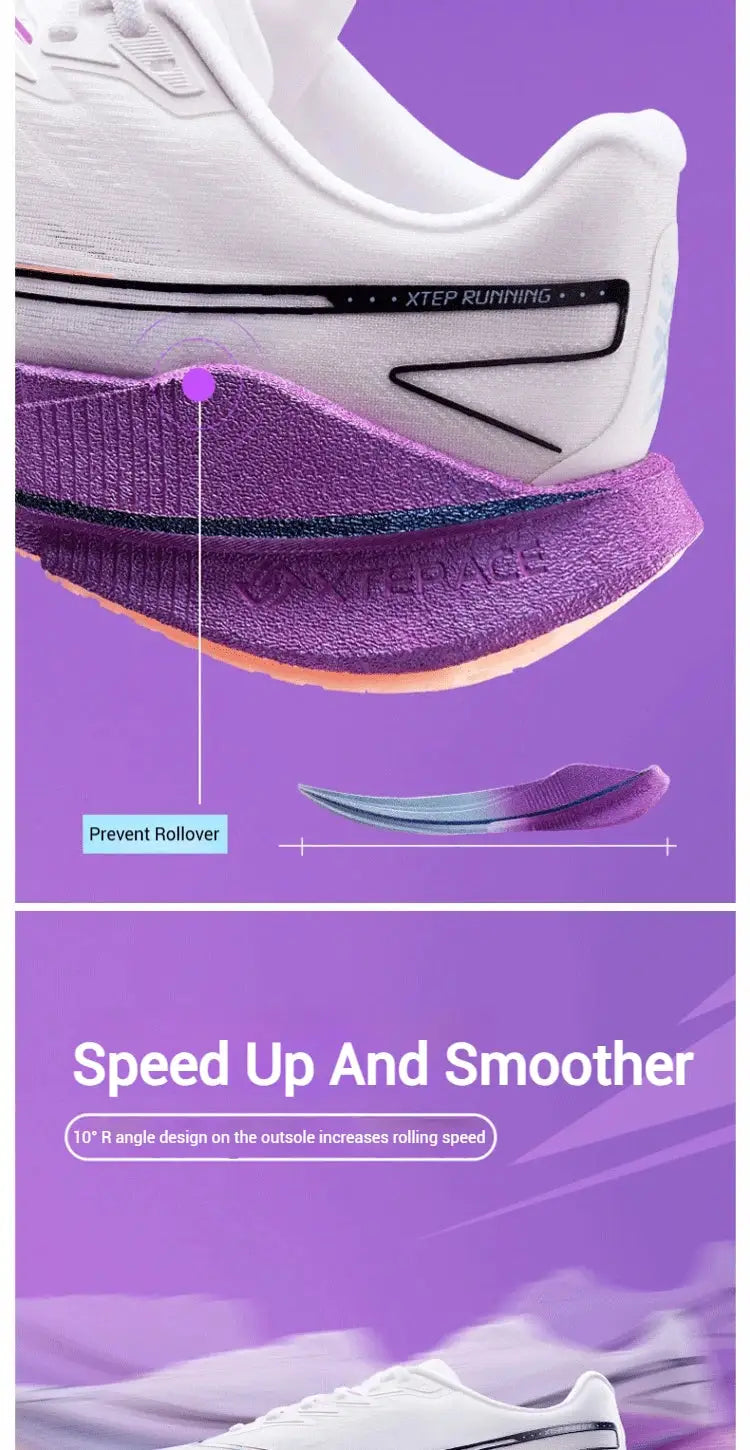 Xtep Shyft 1.0 men's running shoe, white upper with purple midsole, Xtep branding, racing-inspired design.
