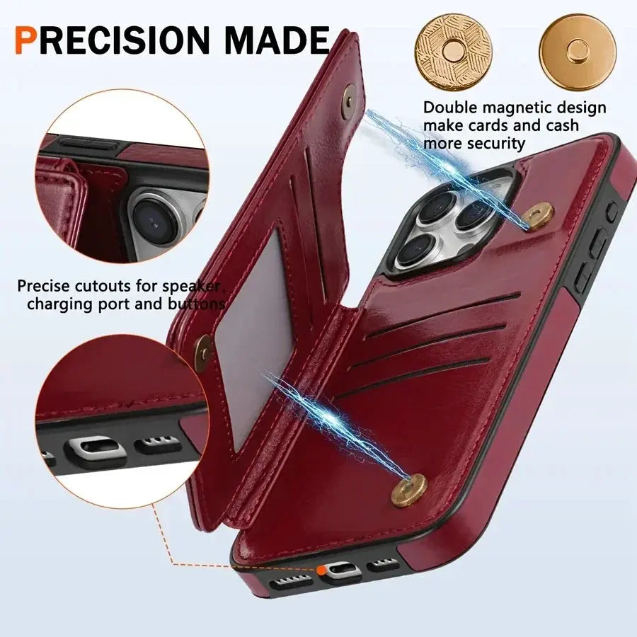Simples Market red leather wallet case with RFID blocking, magnetic closure, and card slots for iPhone models