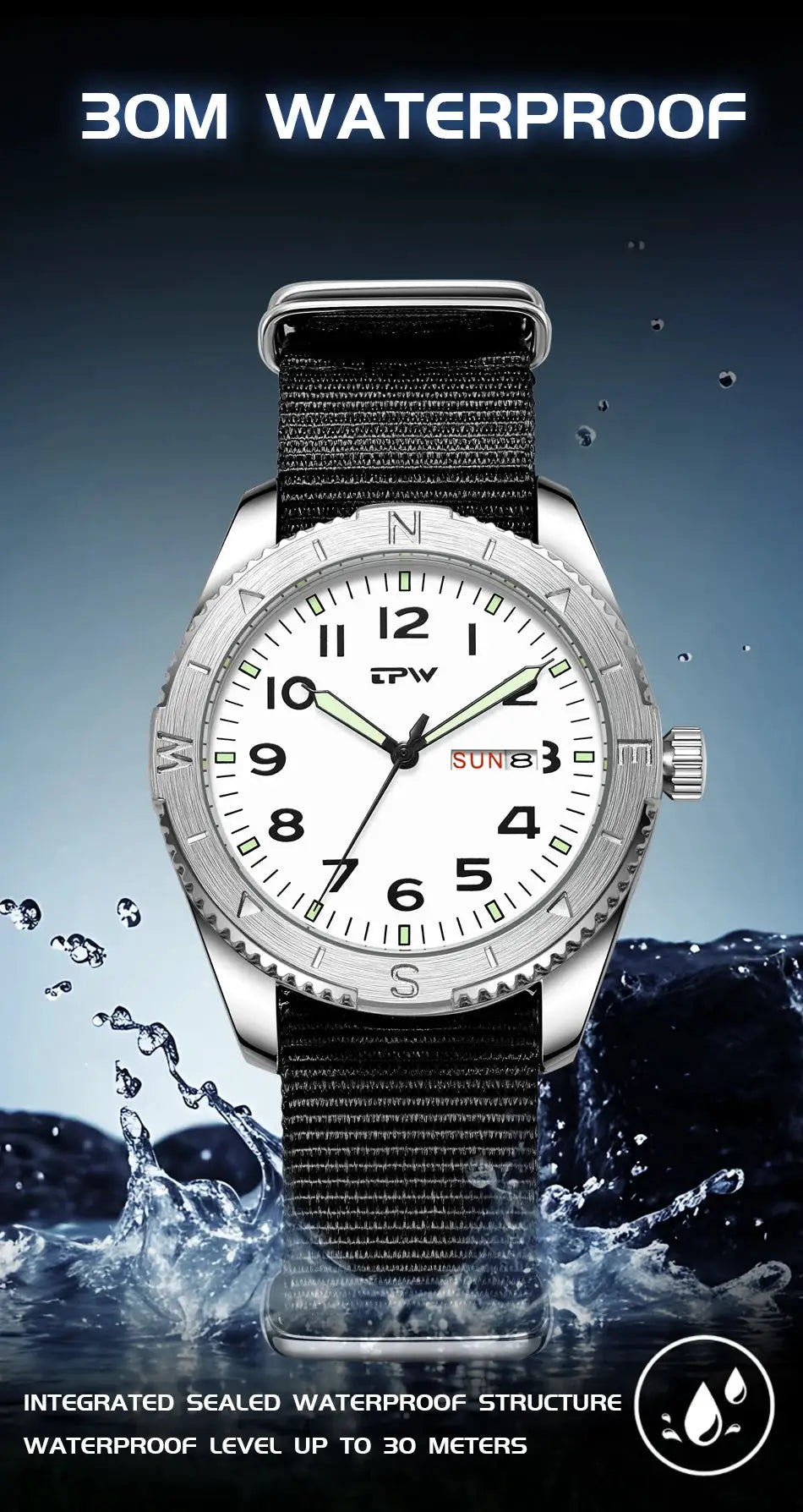 TPW 40mm field watch with black fabric strap, white dial, luminous hands, day/date at 3, 30m water resistance