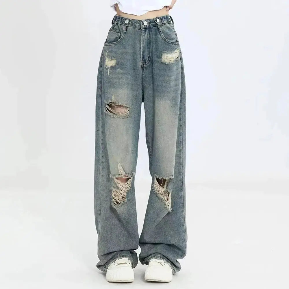 American Retro Hole Punched Jeans Women High Waist Wide Leg Pants