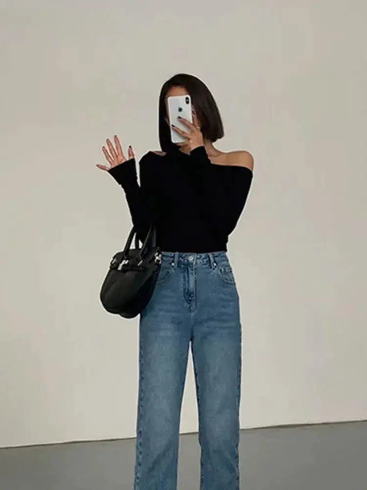 Skew Collar Off Shoulder Long Sleeve Crop Top Women Spring Solid Slim Fit Hollow Out Tee Shirt