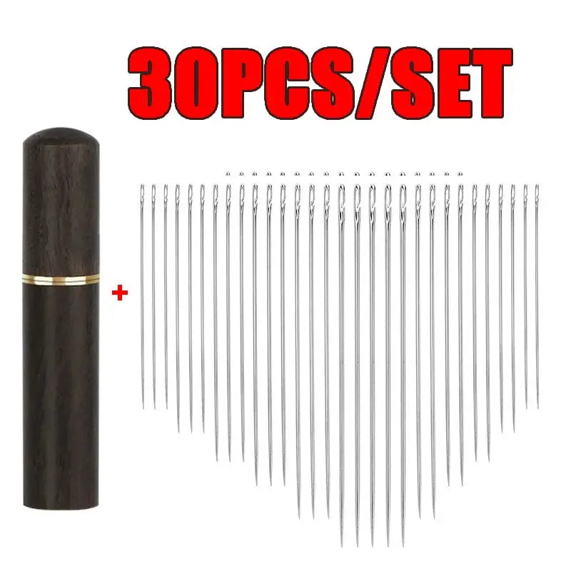 Sewing needle set, 30pcs stainless steel self-threading needles with wooden punch-needle threader, Simples Market