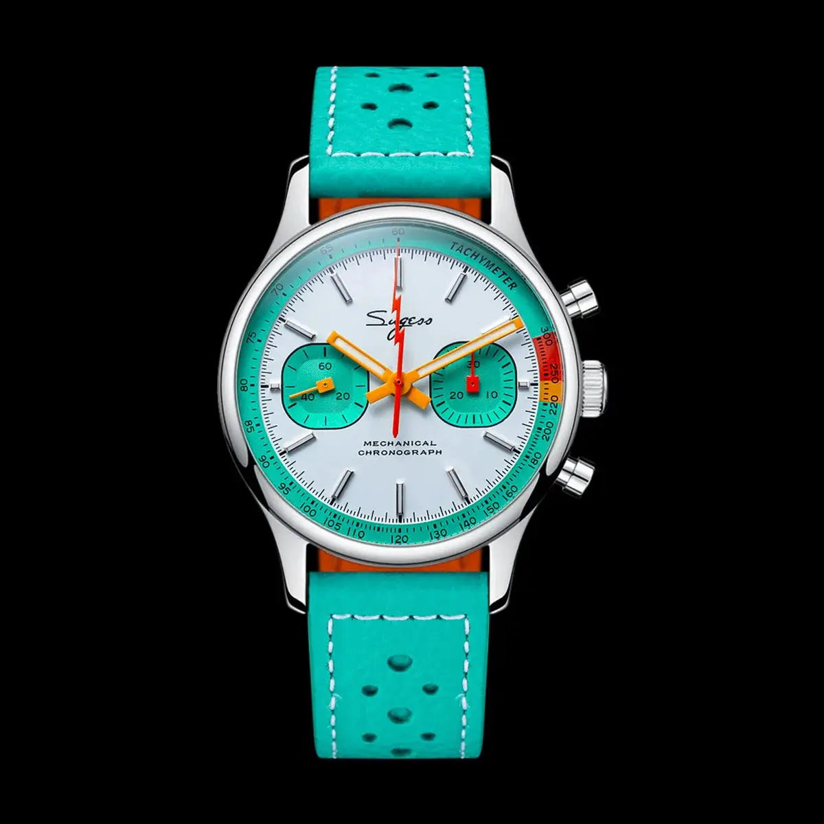 Sugess men's chronograph watch with teal strap, orange hands, turquoise subdials, sapphire crystal