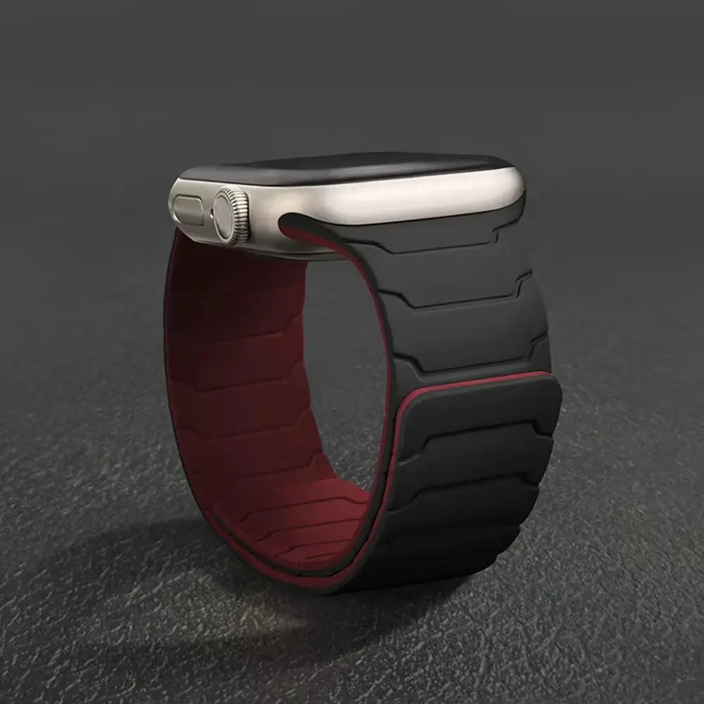 Silicone magnetic Apple Watch band by Simples Market, black exterior with red inner lining, for 40-49mm sizes