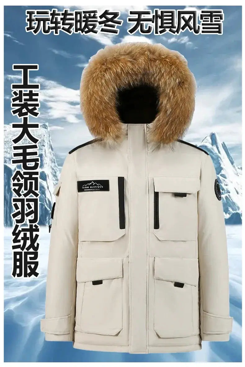 Simples Market men's winter fur-collar hooded duck-down parka, beige waterproof coat with multiple pockets