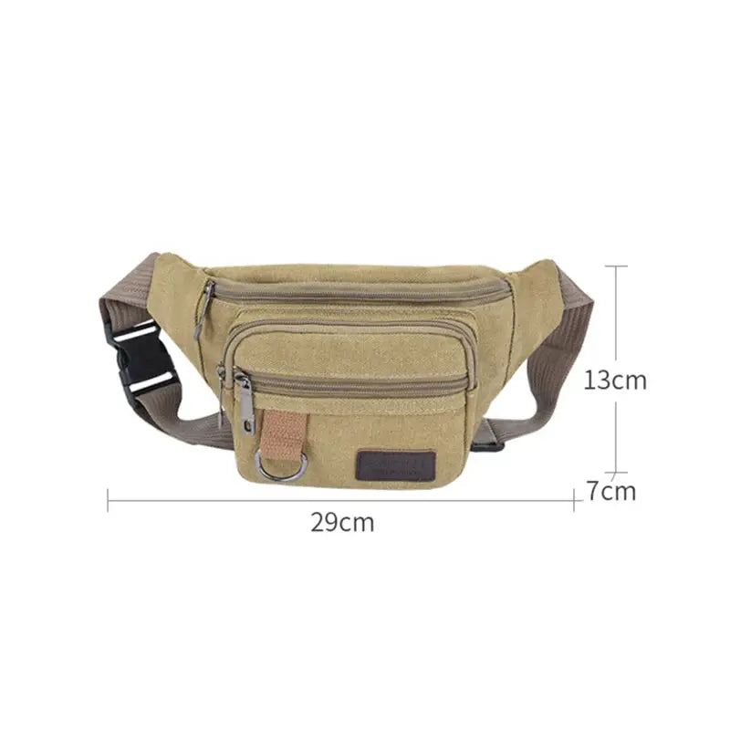 Simples Market canvas chest/waist bag in tan with multiple zip pockets and adjustable strap, 29cm x 13cm x 7cm