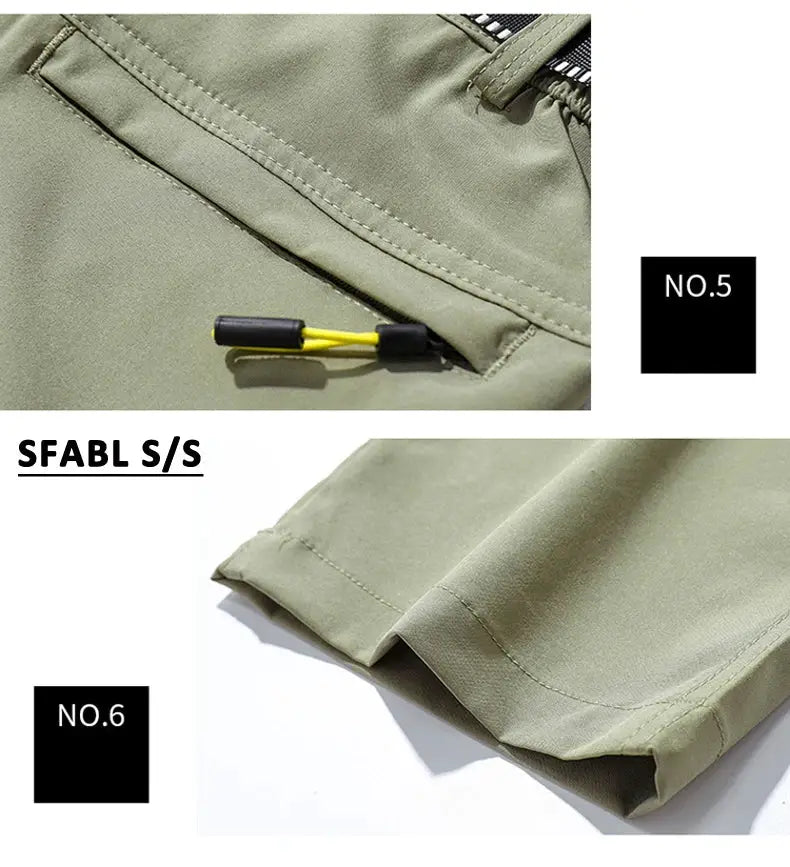 SFABL hiking pants for men in khaki with zip pockets and reinforced hems
