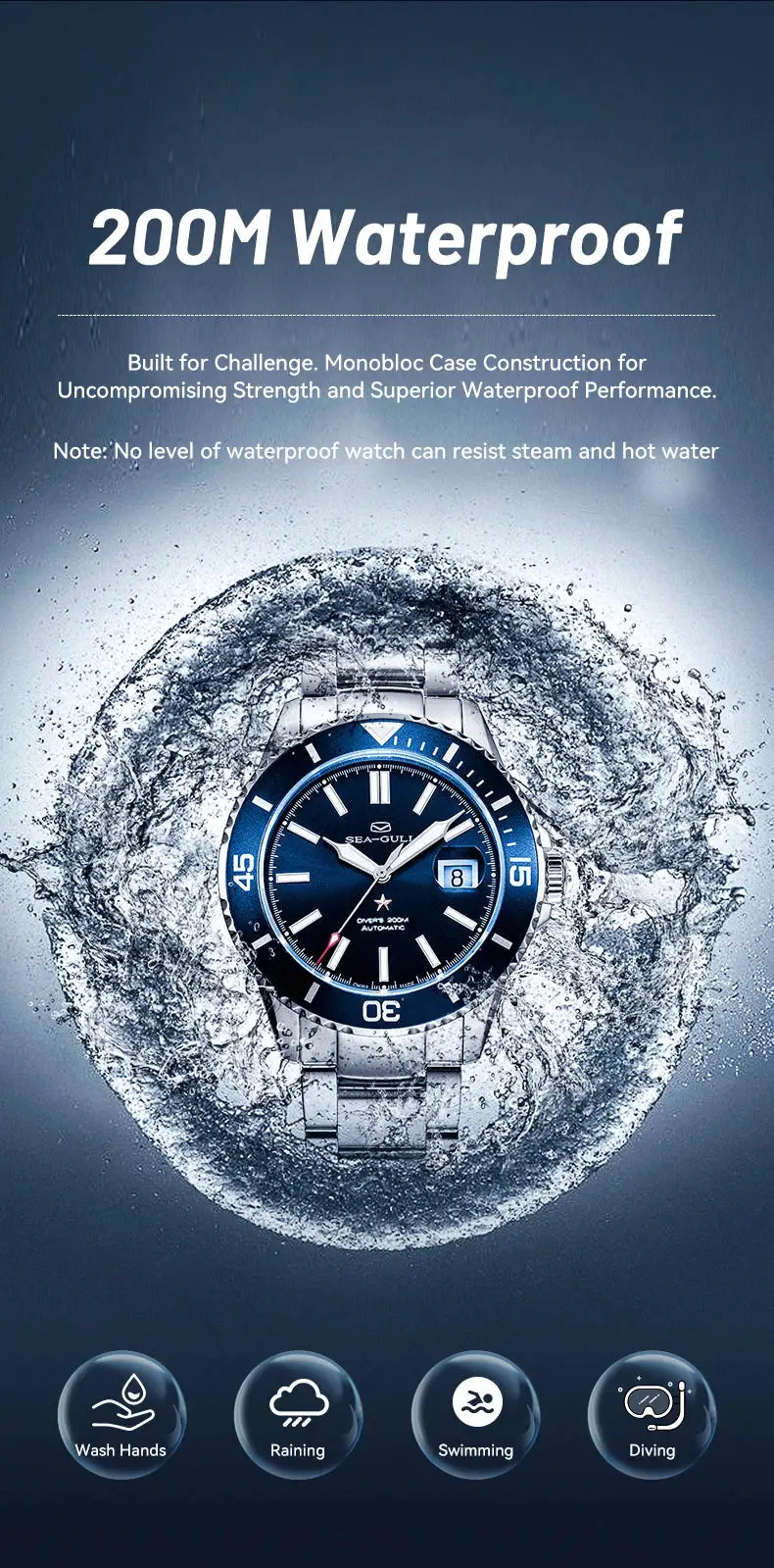 Sea-Gull men's diving watch with blue dial and stainless steel bracelet, 200m water resistant.