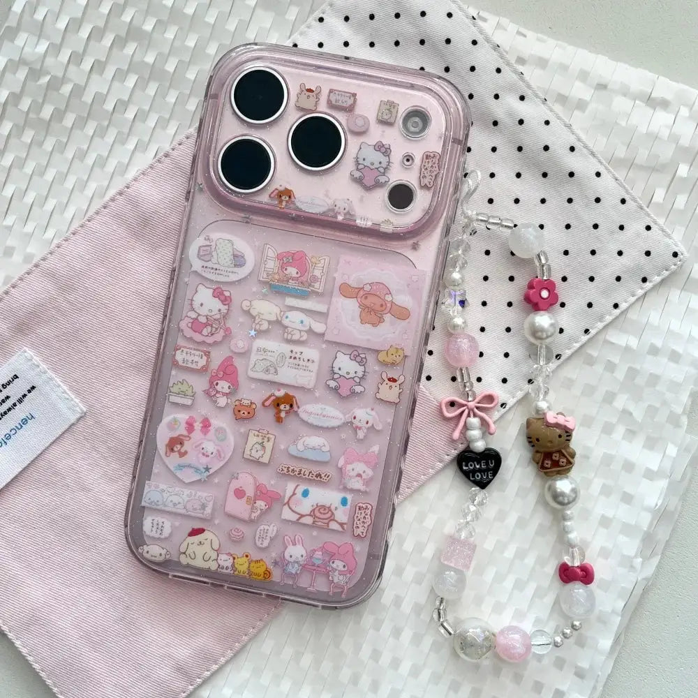 Hello Kitty melody pink iPhone case from Simples Market with stickers and matching beaded pendant bracelet (2 items)