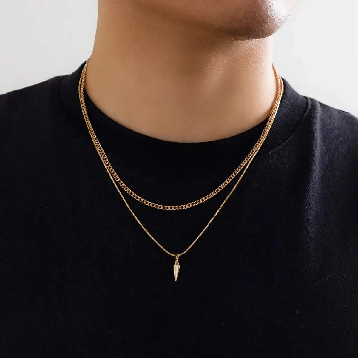KunJoe 2pc gold-tone stainless steel necklace set with thin snake chain and Cuban link choker, spike pendant