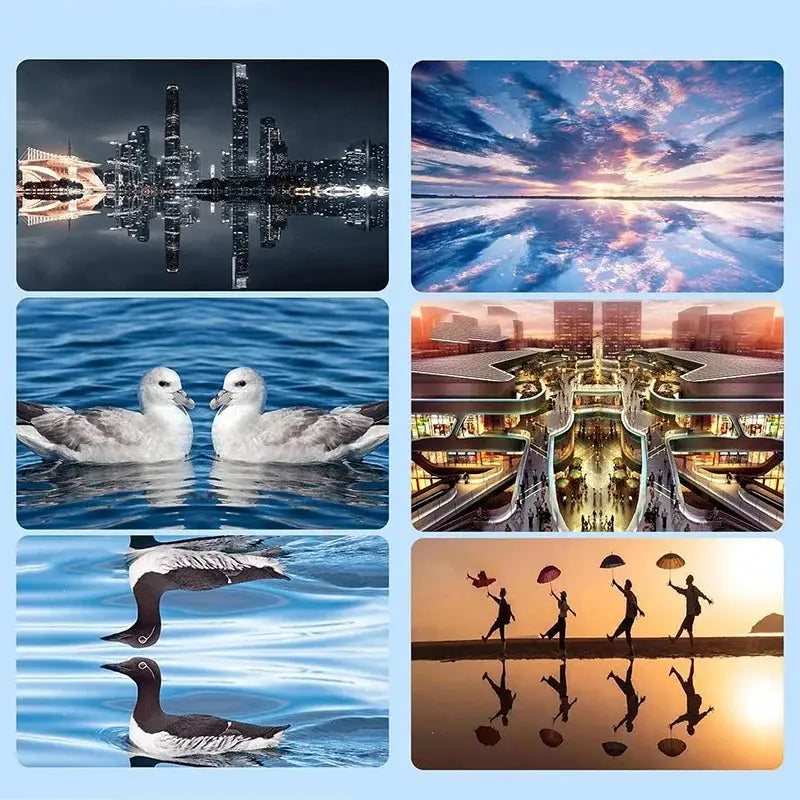 Portable mobile phone camera reflector by Simples Market; six-photo collage of sky, lake, swans, city, and sunset.