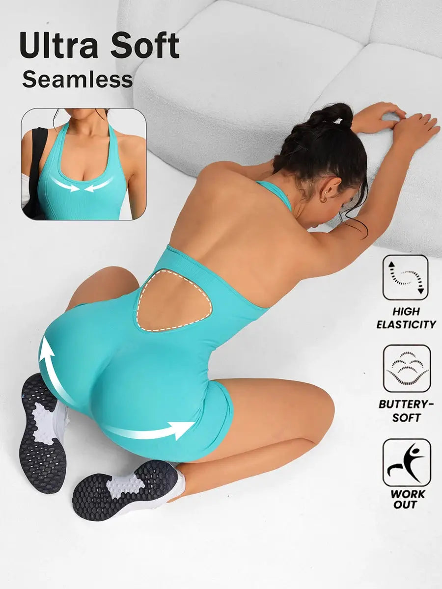 Women's turquoise gym romper jumpsuit with back cutout and high elasticity fabric