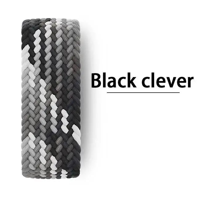 Simples Market braided Apple Watch strap in black gray white; braided Solo Loop band for multiple Series sizes.