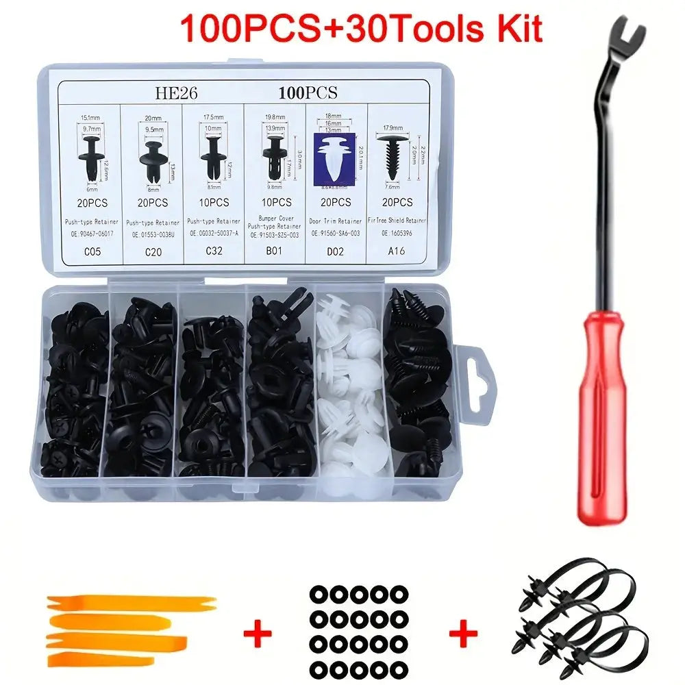 130PCS bumper retainer clips kit in plastic case with black and white clips and fastener remover tool