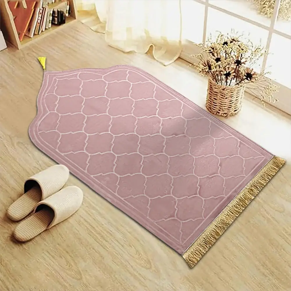 Prayer rug pink thick flannel mat with geometric pattern, tassels, and non-slip base