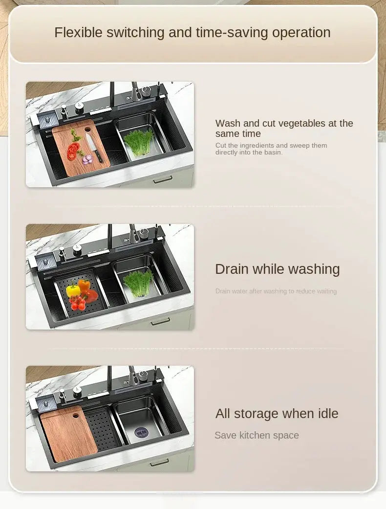 Simples Market stainless steel sink with integrated waterfall, honeycomb tech, large digital display, soap dispenser