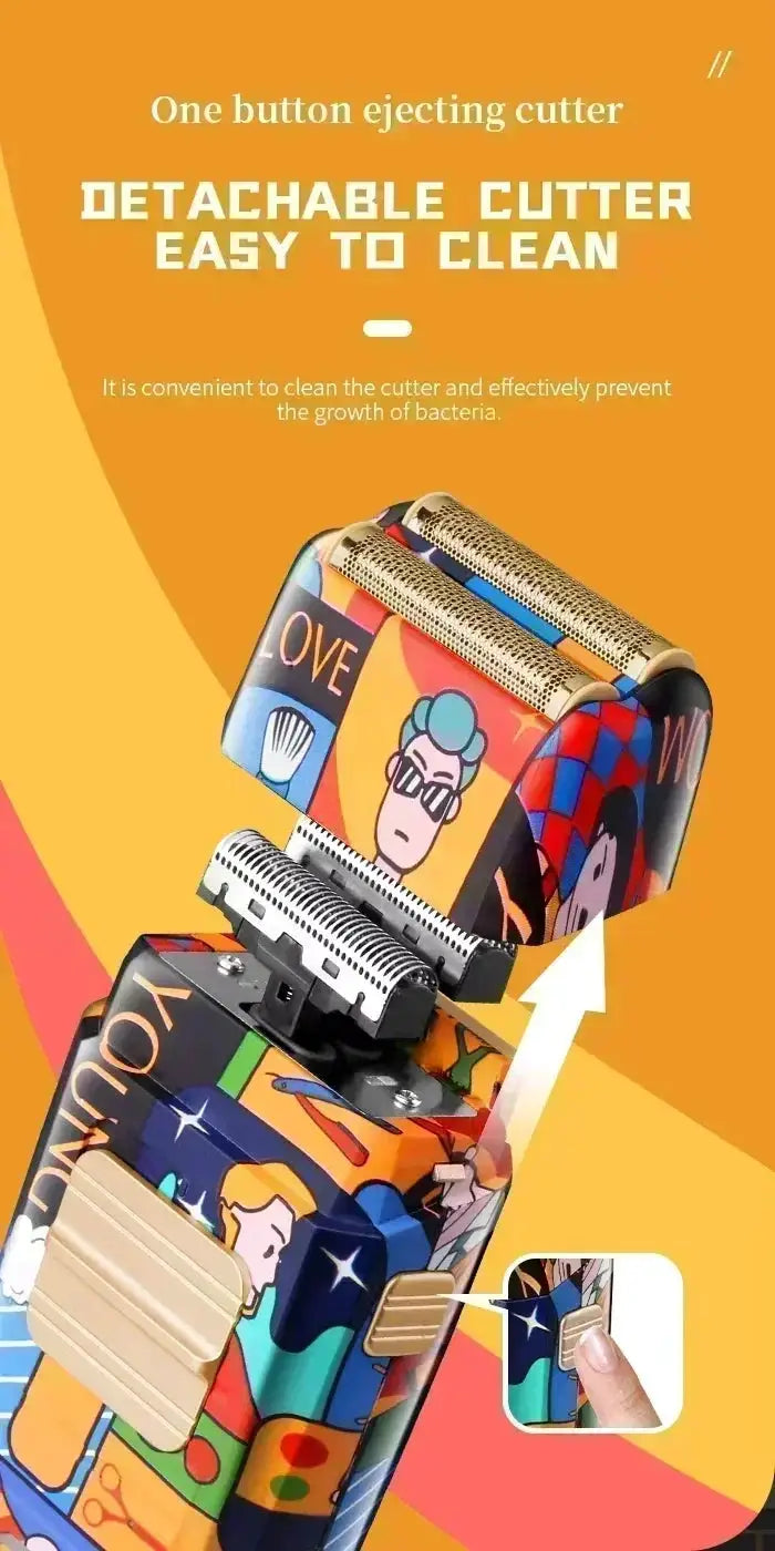 Kemei professional electric hair clipper with colorful graffiti pattern panels and gold-tone blades.