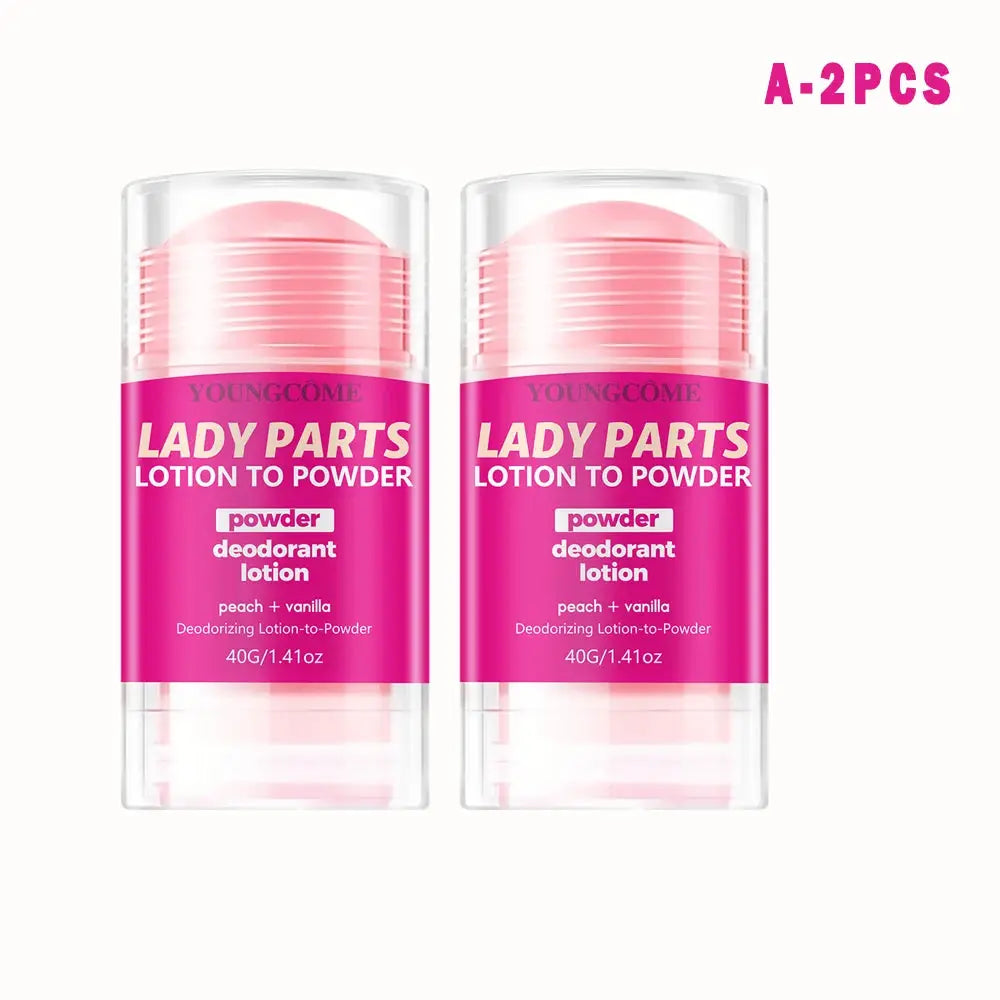 Two Youngcome Lady Parts peach deodorant lotion-to-powder sticks, 40g each, pink packaging
