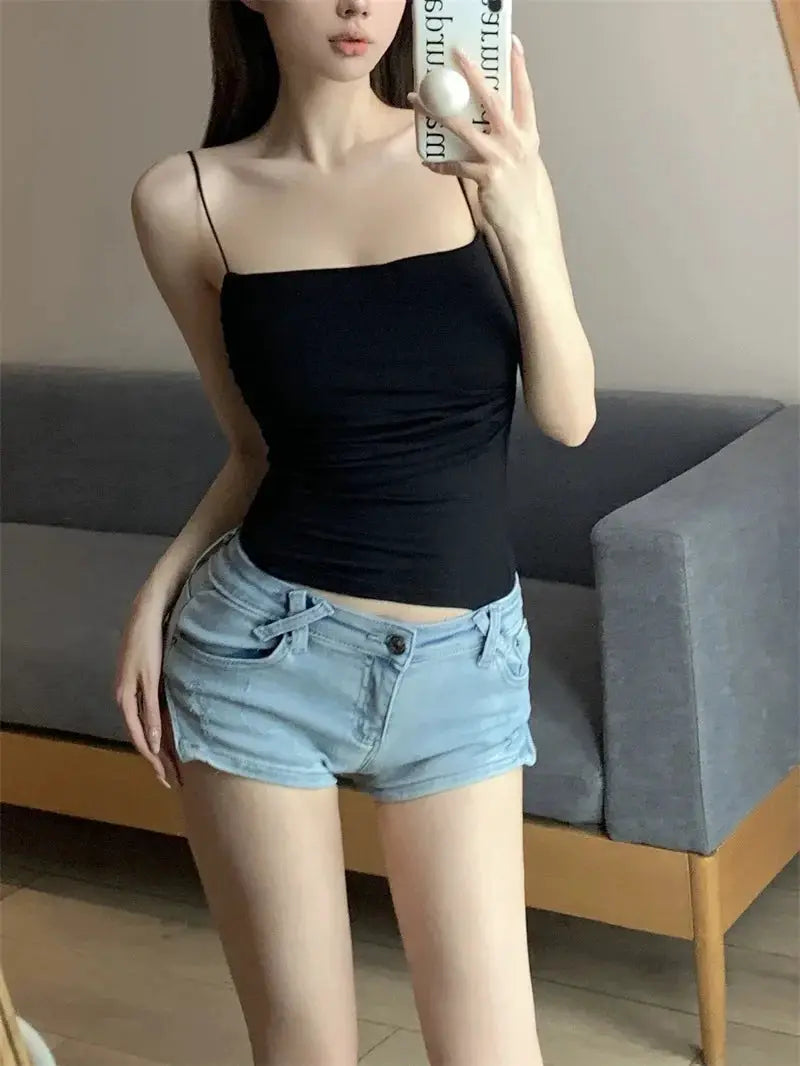 White Sleeveless Tank Top With Thin Straps Fitted Camisole Korean Style Women Underwear Layering Top