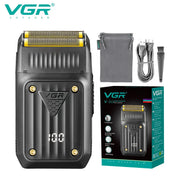 VGR 363 professional foil shaver for men with gold foil head, USB charger, pouch, brush, and box