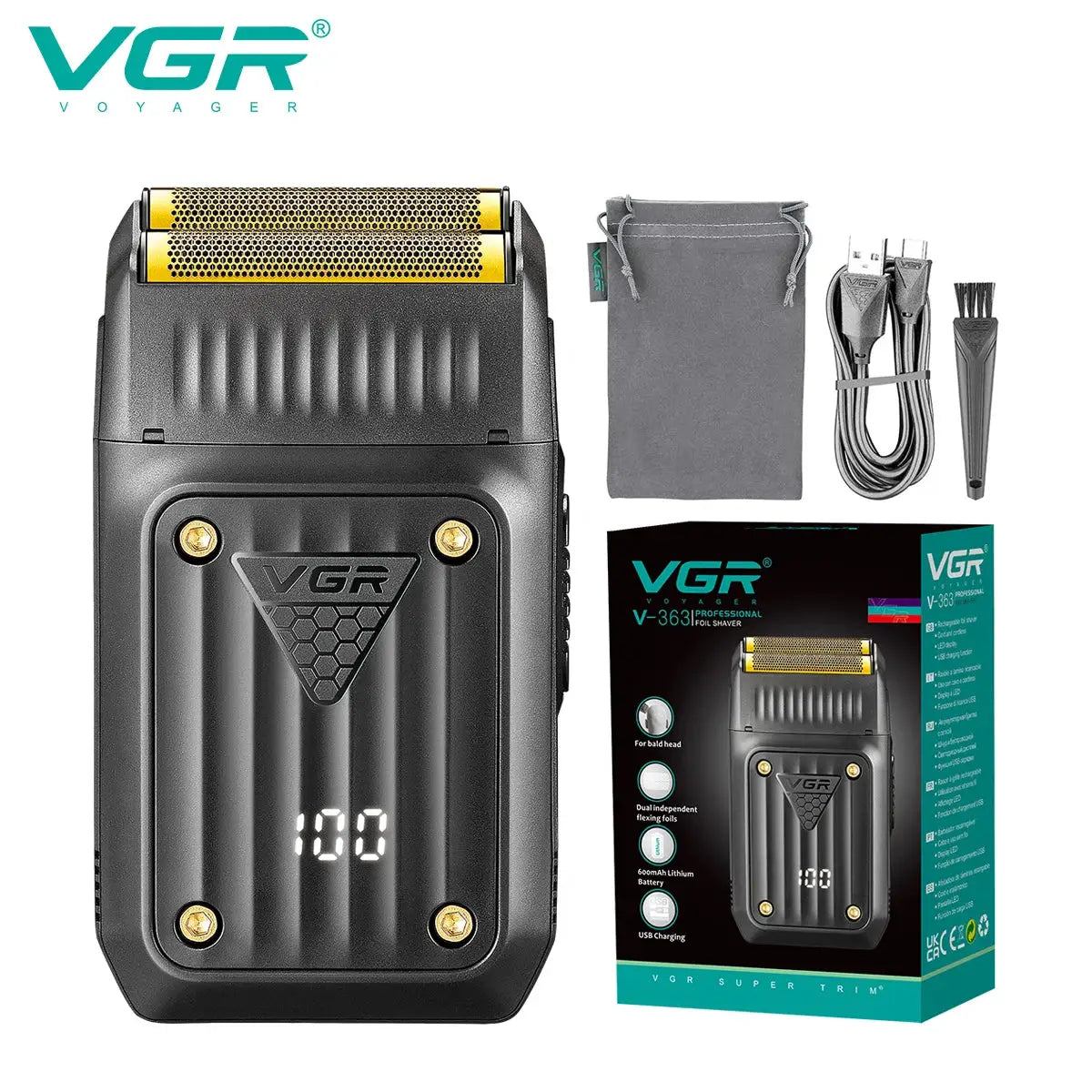 VGR 363 professional foil shaver for men with gold foil head, USB charger, pouch, brush, and box