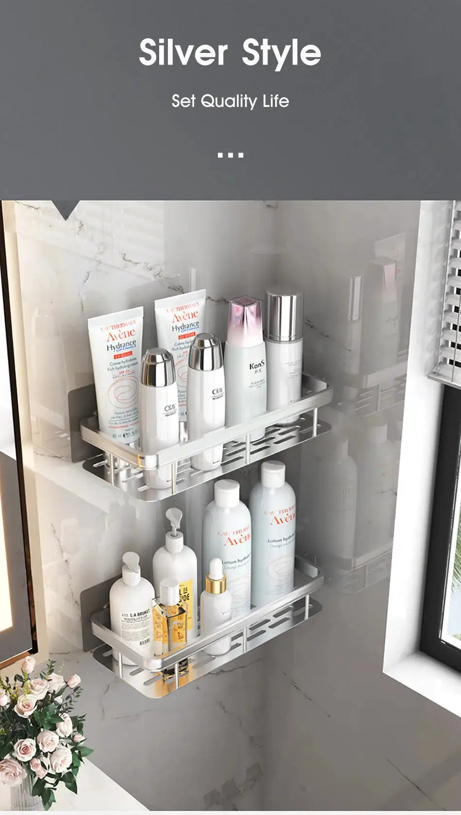 Bathroom storage rack, silver two-tier wall-mounted corner shower shelf holding assorted bottles