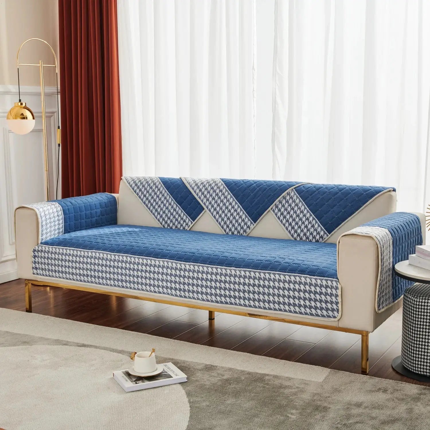 Sofa cushion cover by Simples Market in blue and white houndstooth quilting with anti-slip backing