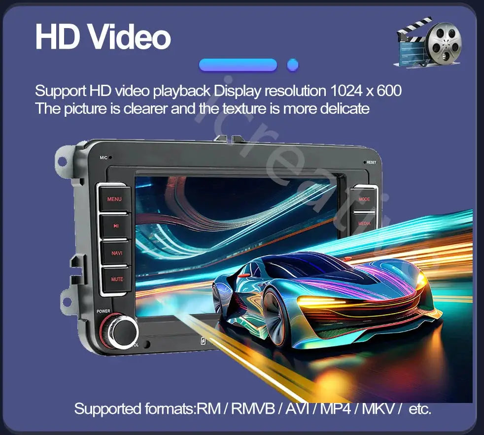 2Din Android car stereo head unit, black touchscreen with GPS navigation and CarPlay, universal VW/Skoda fit