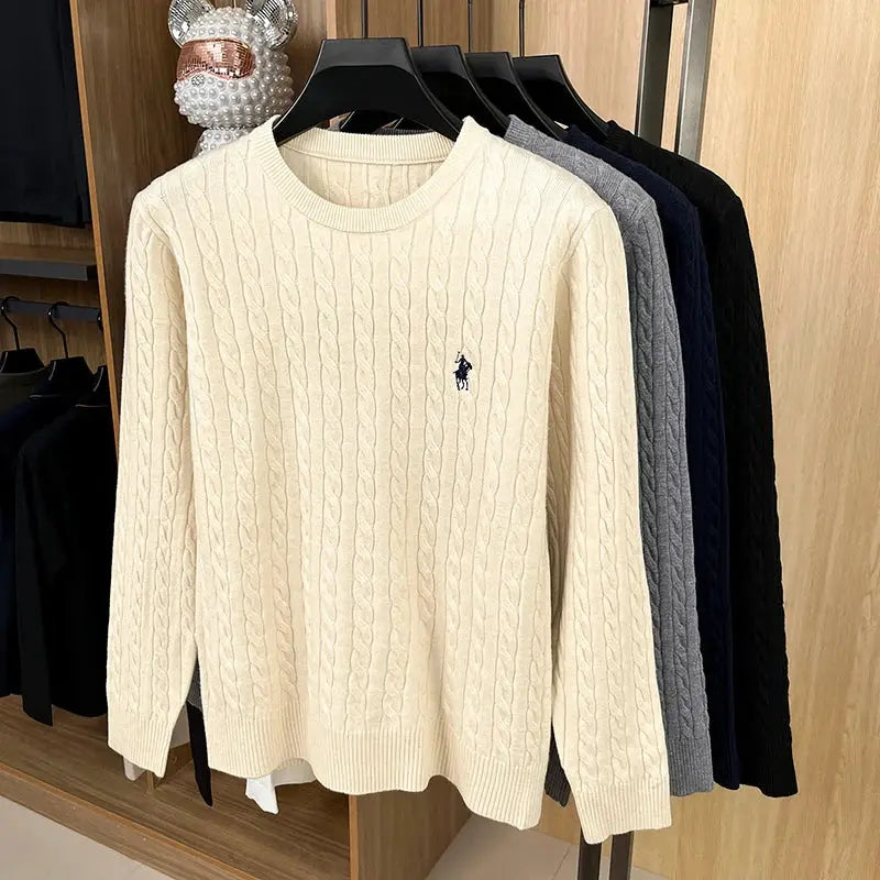 Men's cable-knit crewneck sweater in beige with Polo Ralph Lauren logo; set of 5 colors on display.