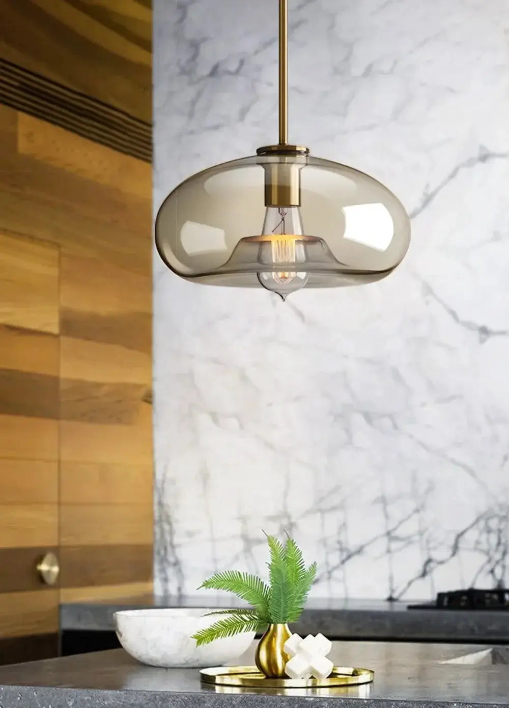 Nordic LED glass pendant chandelier with smoky brown dome and brass hardware; single pendant light