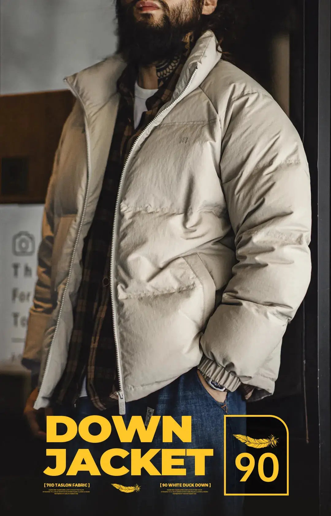 Men's Maden Winter Down Jacket by Simples Market, beige puffer coat with stand-up collar and zip front