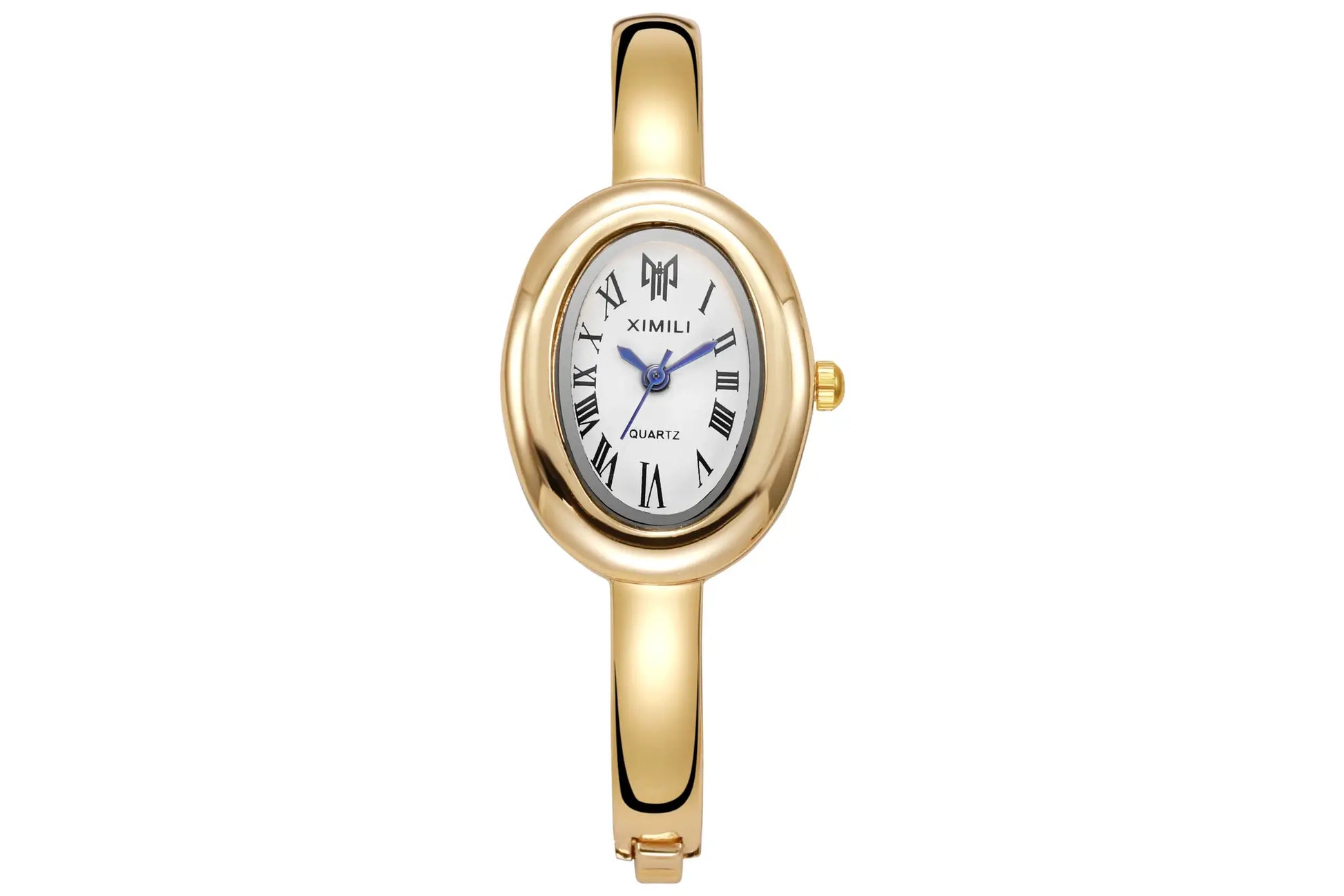 Gold-tone women's quartz watch by XIMILI with oval case, Roman numeral dial and blue hands