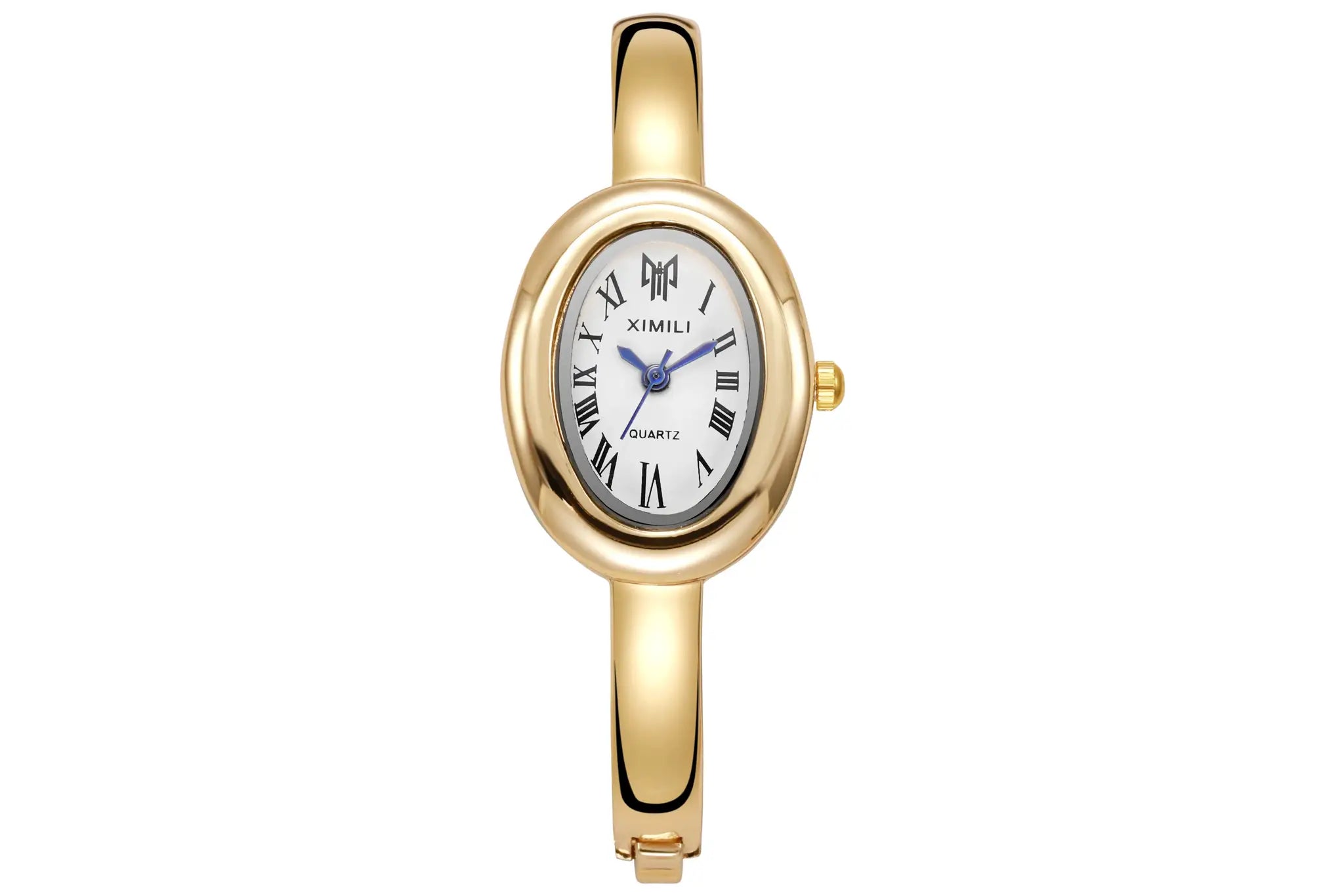 Gold-tone women's quartz watch by XIMILI with oval case, Roman numeral dial and blue hands