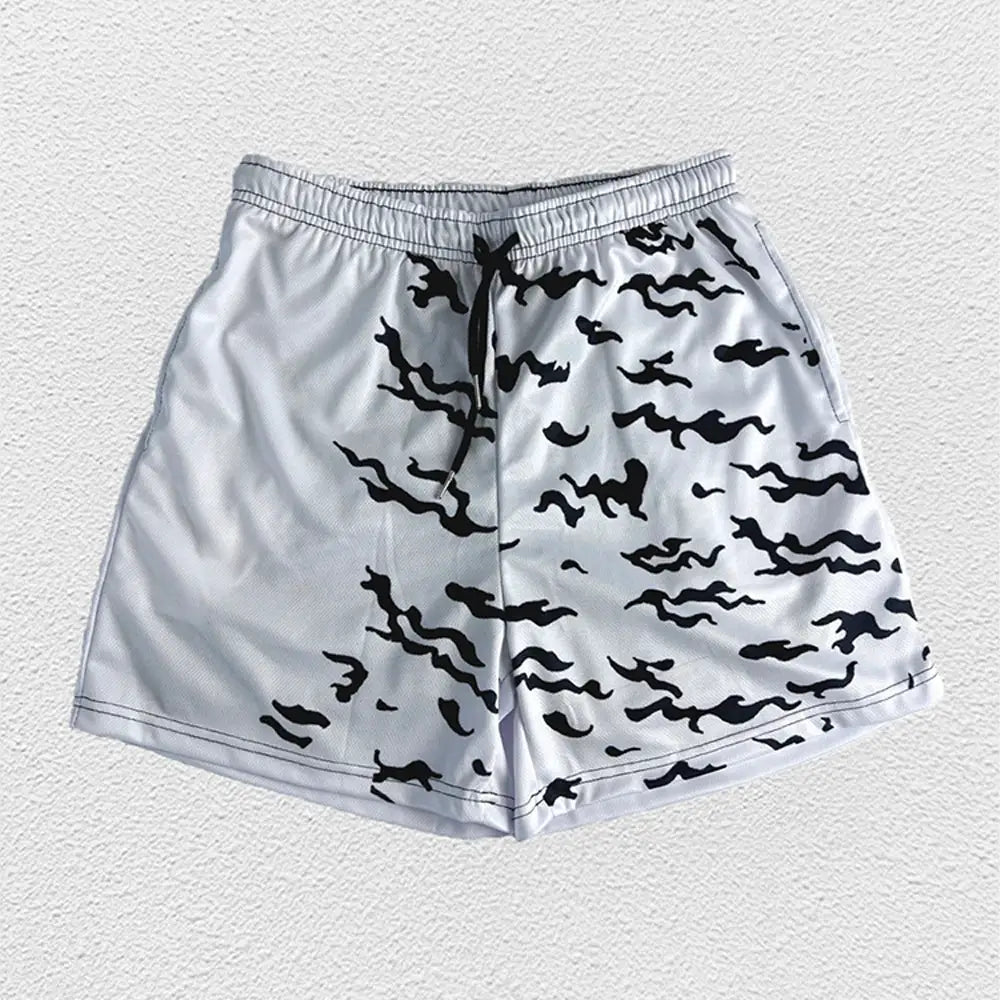 Men's white running shorts with black camo print, elastic waistband, quick-dry fabric