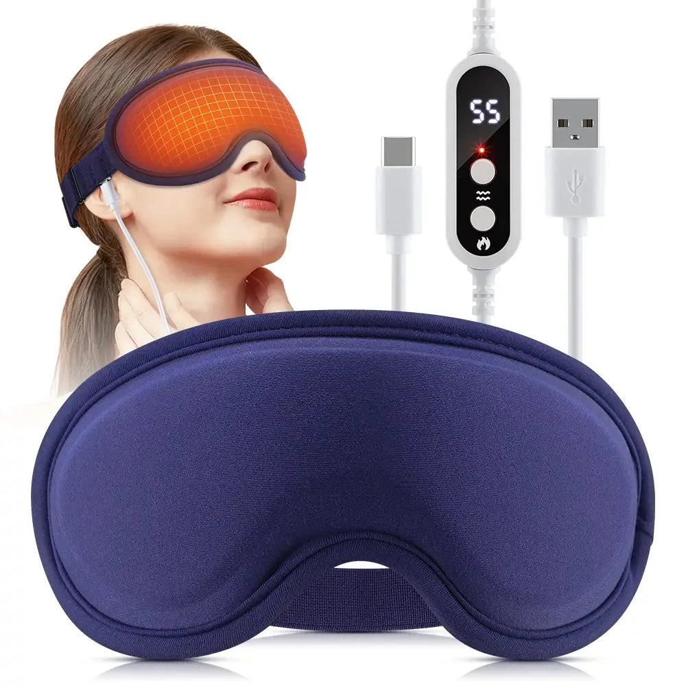 Electric steam eye mask in blue fabric with USB control panel and cables