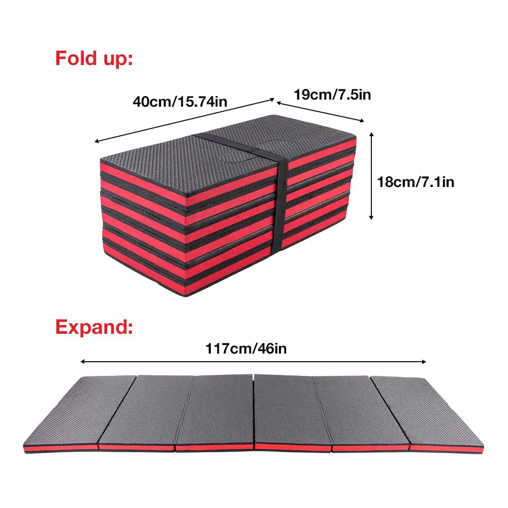 EVA foldable car repair mat by Simples Market, red and black, waterproof portable work pad expands to 117cm.