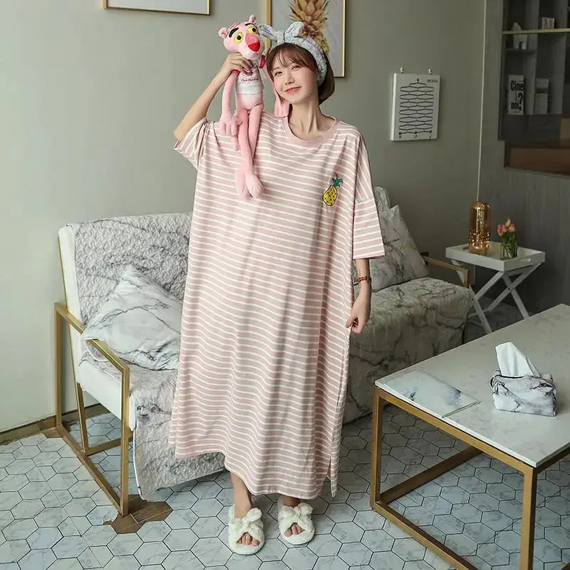 CozyNest Plus Size Striped Pajama Dress Lengthened For Summer Homewear Breathable Polyester Blend