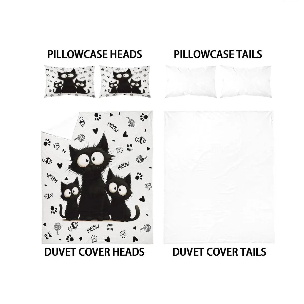 Simples Market 3pc black cat printed bedding set: duvet cover with cat trio and two white pillowcases