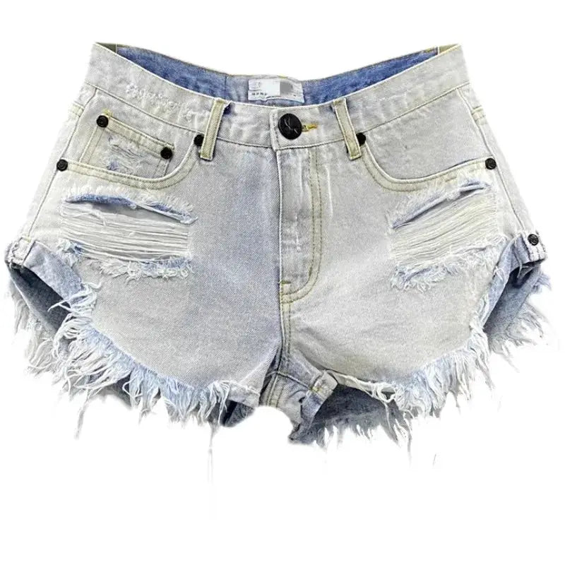 Denim shorts Simples Market, light-blue distressed with frayed edges and ripped fronts