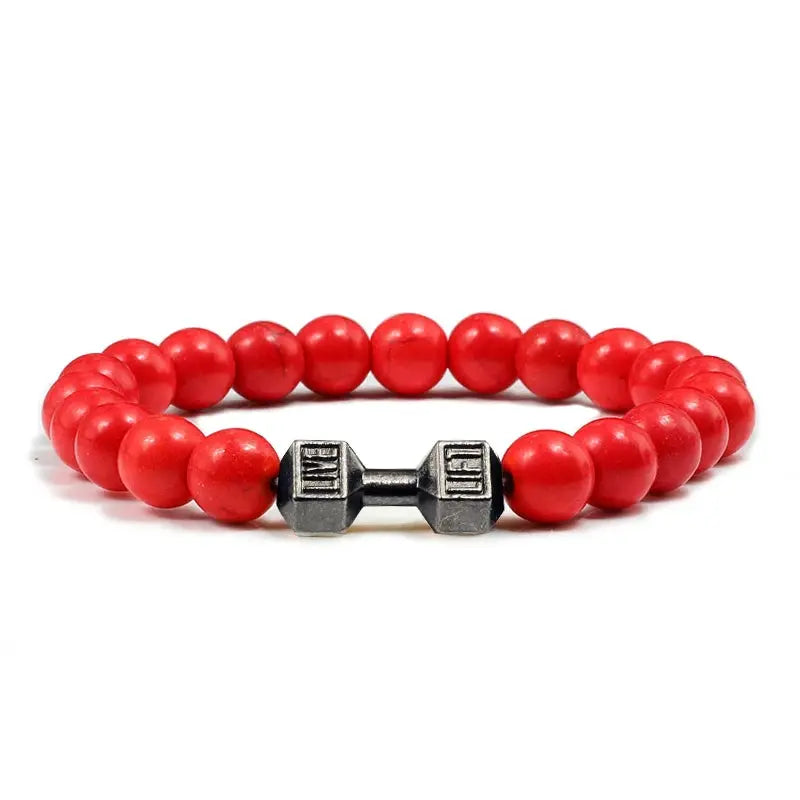 Natural Volcanic Stone Bracelet For Men And Women Matte Black Lava White Beads Dumbbell Charm Strand Fitness Jewelry